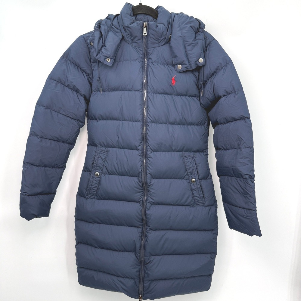 Polo Ralph‎ Lauren Down Puffer Long Coat Womens XS Blue Hooded Quilted Parka